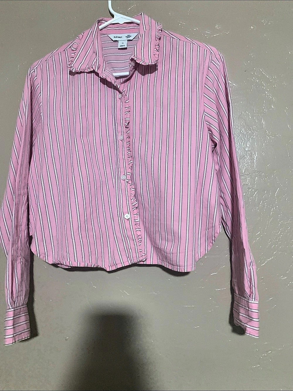 Old Navy The Cropped Shirt Striped Ruffle Top Pink & White XS